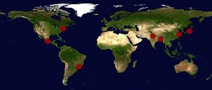 World map showing seven major cities